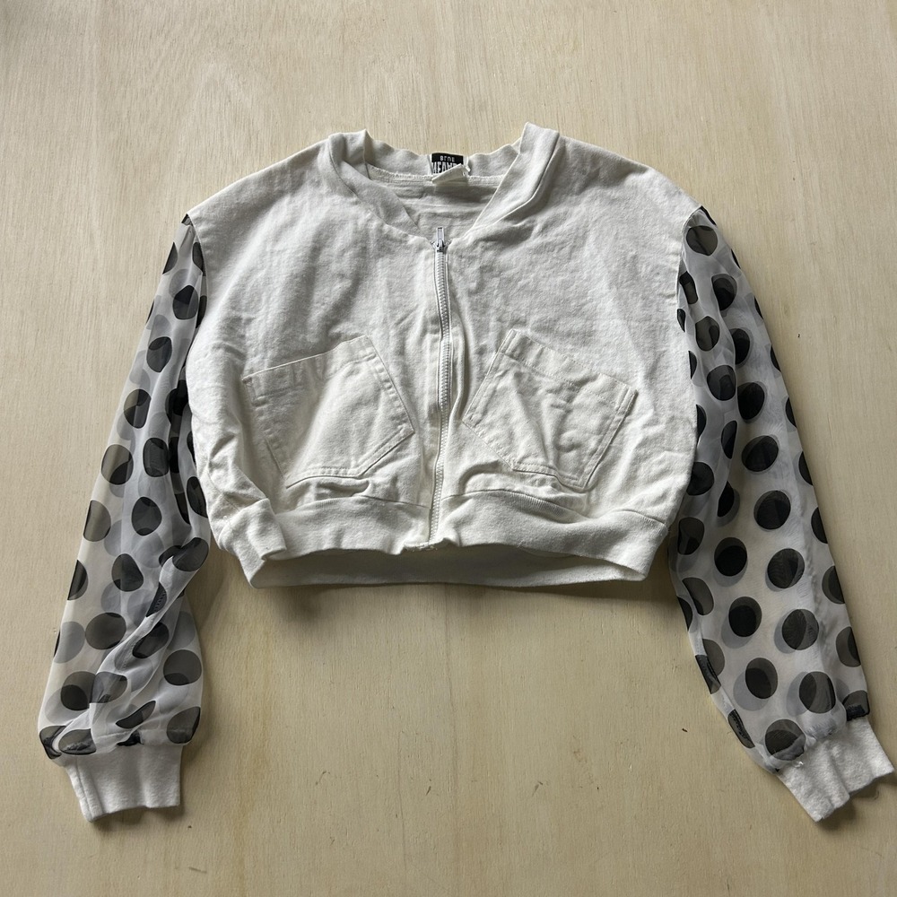 Vintage Nevada Blue Womens Large White Polka Dot Balloon Sleeve Zip Crop Top